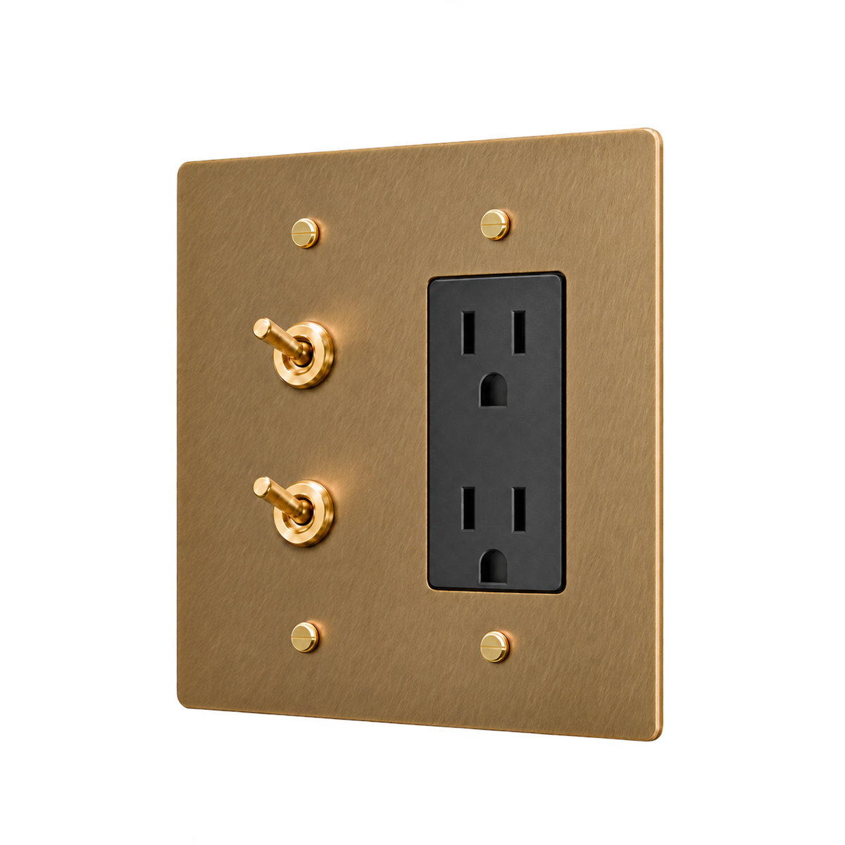 Double Retro Brass Toggle & Duplex Outlet Plate — 2-Gang — Unlacquered Antique Brass (Hand-Brushed)