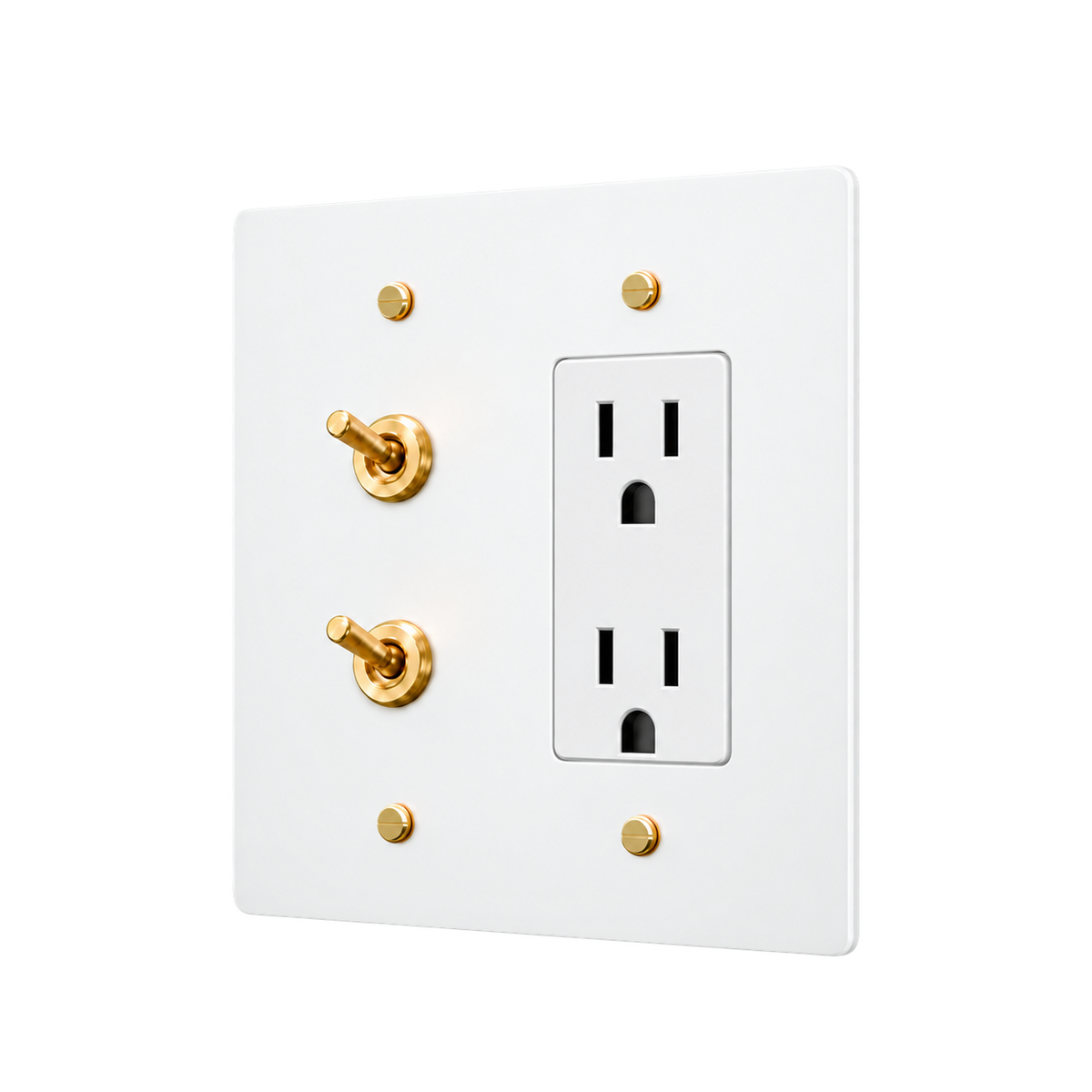 Double Retro Brass Toggle & Duplex Outlet Plate — 2-Gang — White