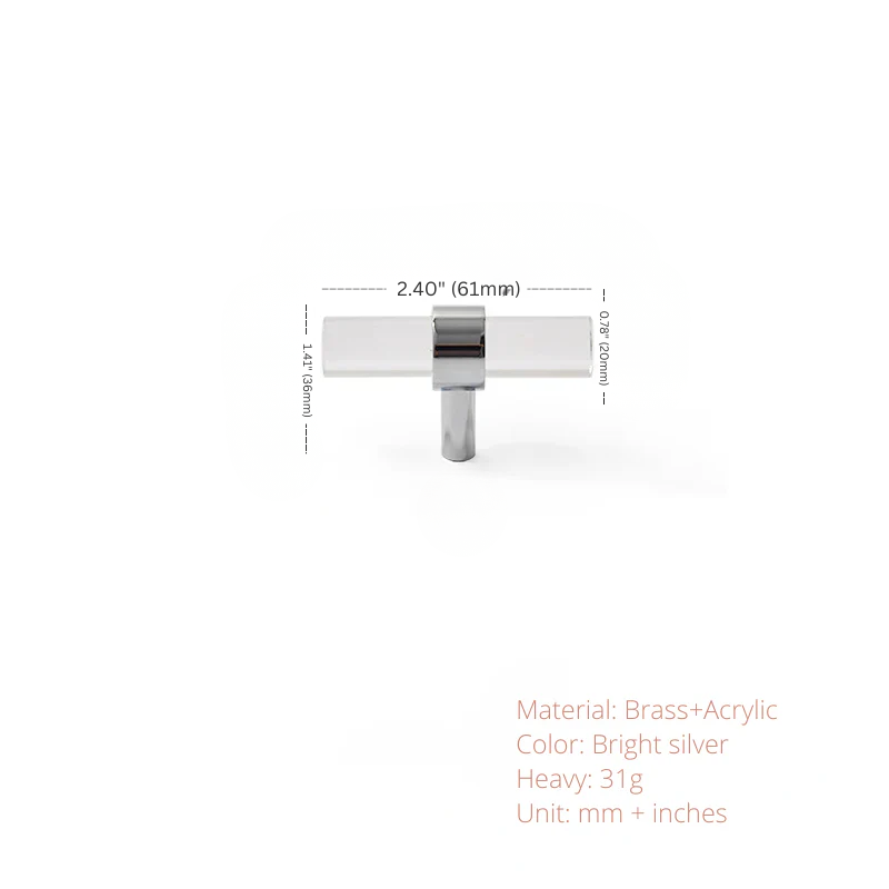 Silver and acrylic handle with dimensions and material details on a white background