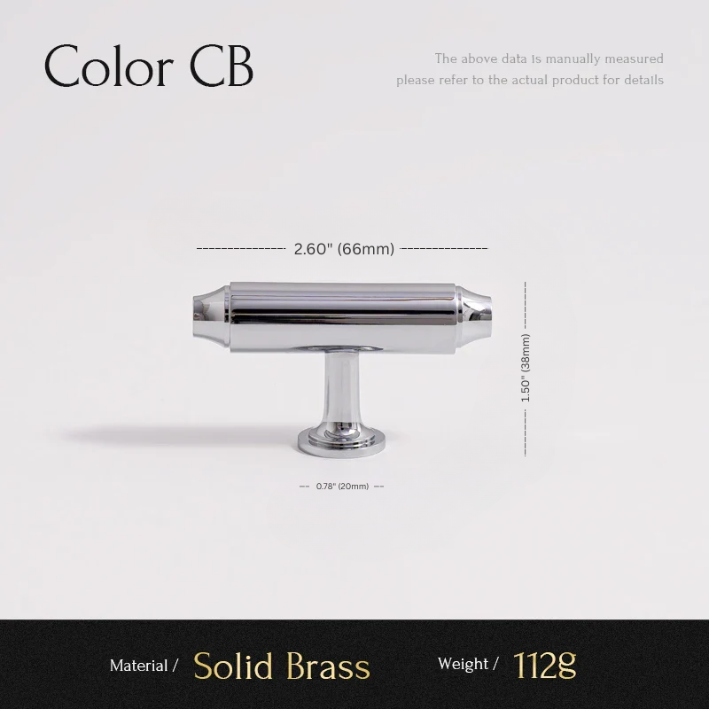 Solid brass cabinet knob with measurements and material details on a white background
