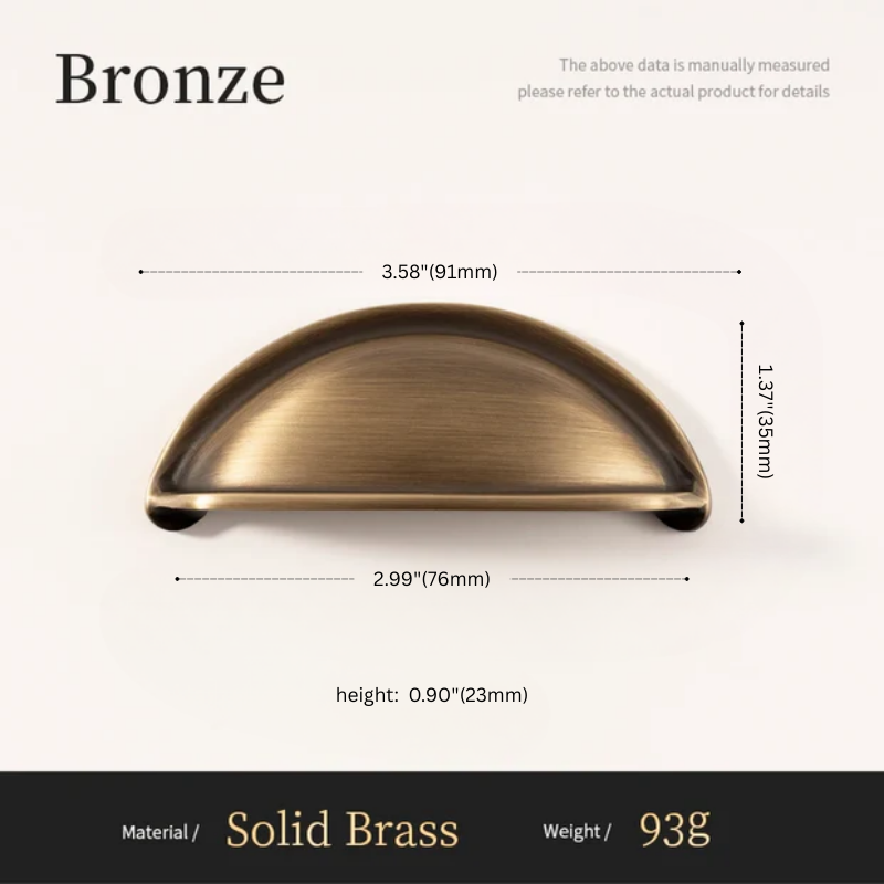 Bronze cabinet handle with dimensions and material details on a white background