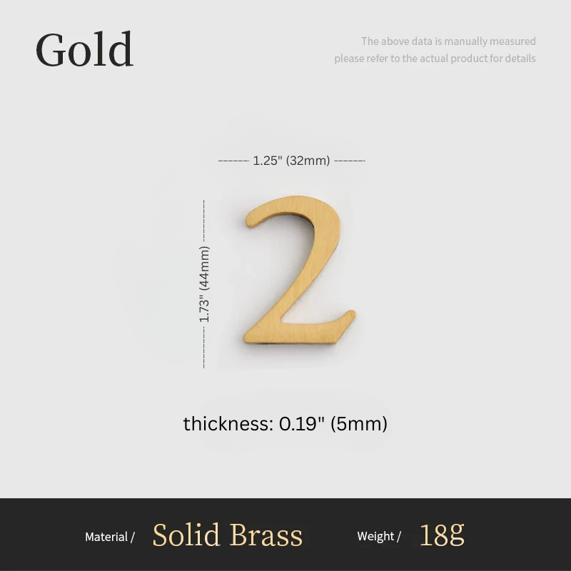 Gold number '2' with measurements and material details on a white background
