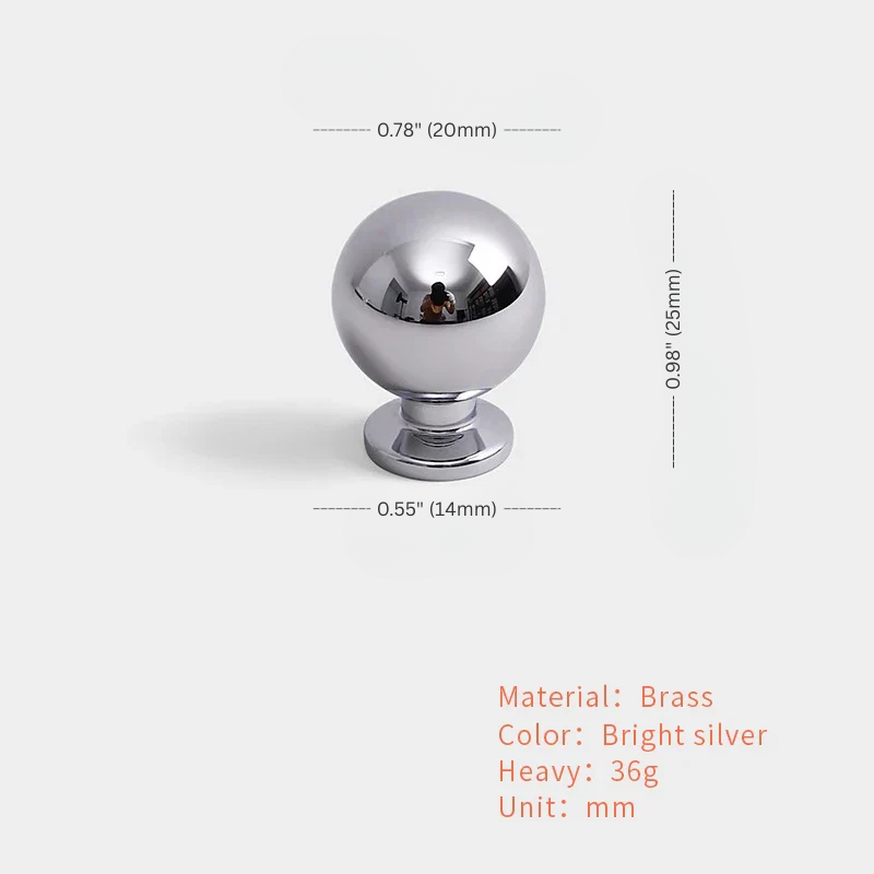 Chrome spherical knob with dimensions and material information on a white background