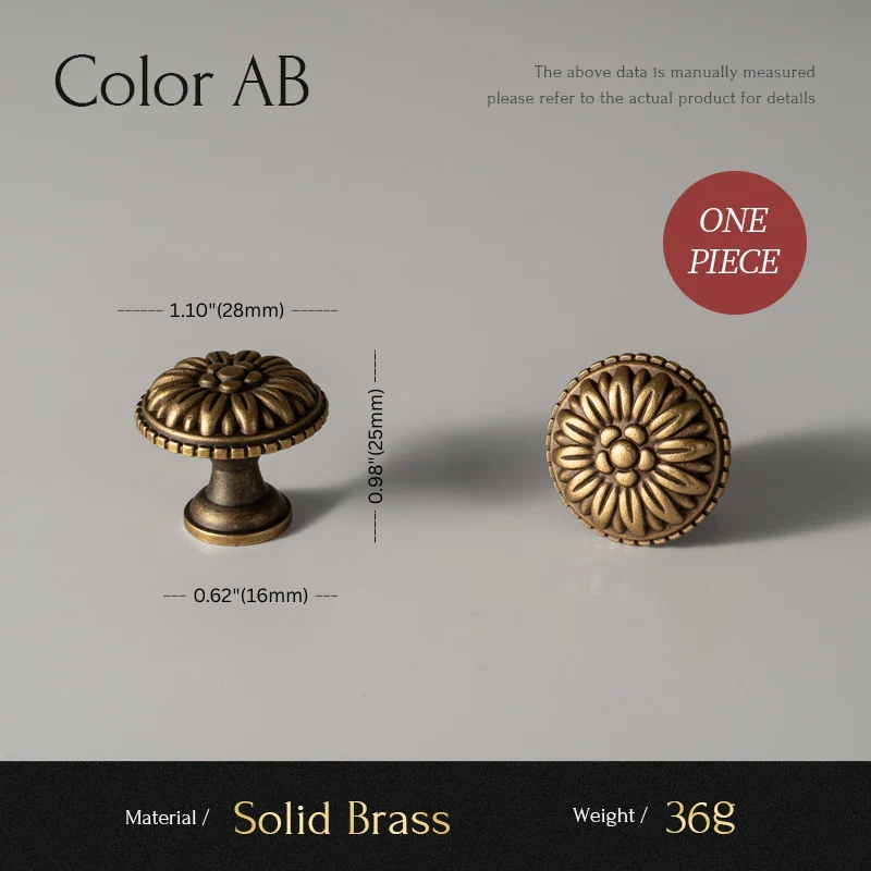 Two solid brass cabinet knobs with measurements and material details on a gray background