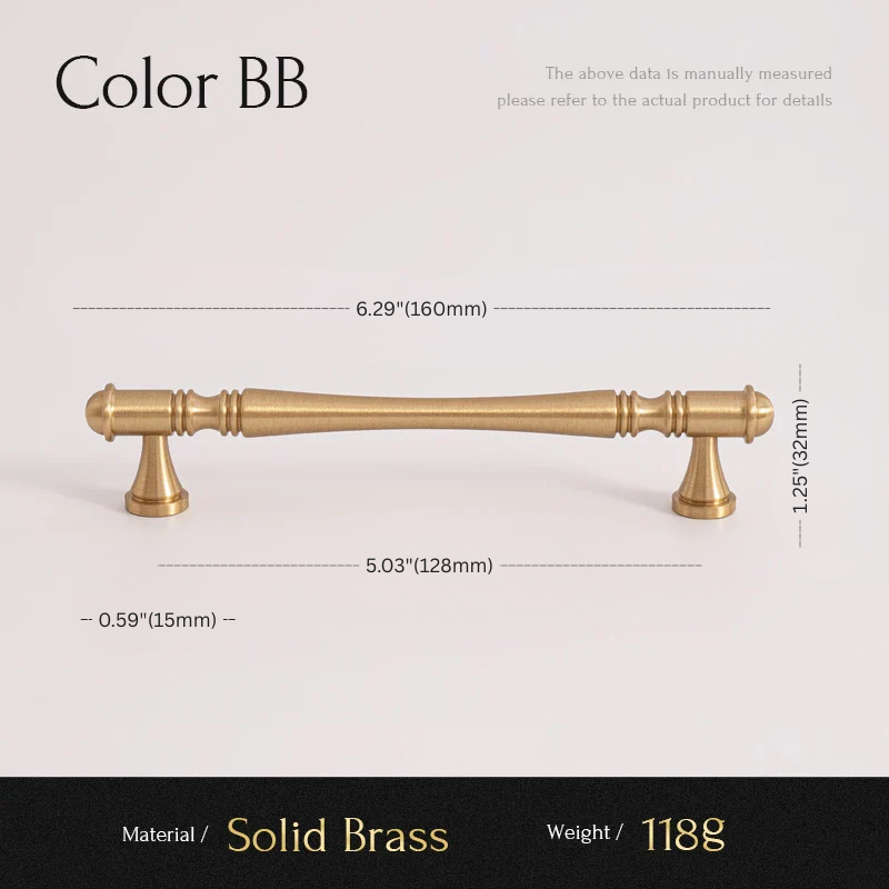 Solid brass cabinet handle with dimensions and material details on a light gray background