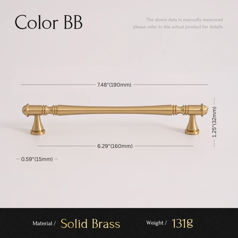 Gold cabinet handle with dimensions and material details on a light gray background