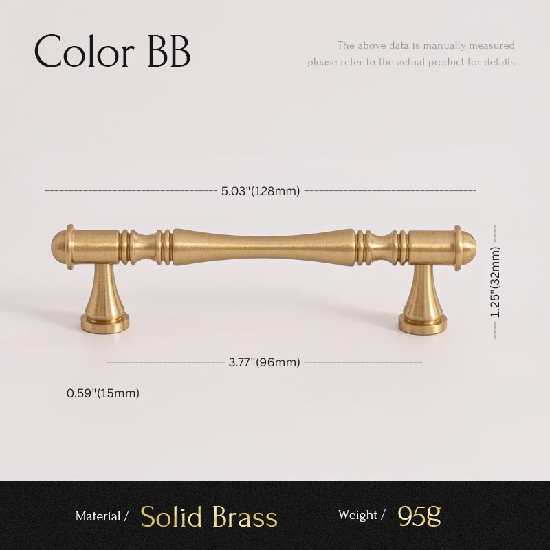 Solid brass cabinet handle with dimensions and material details on a light background