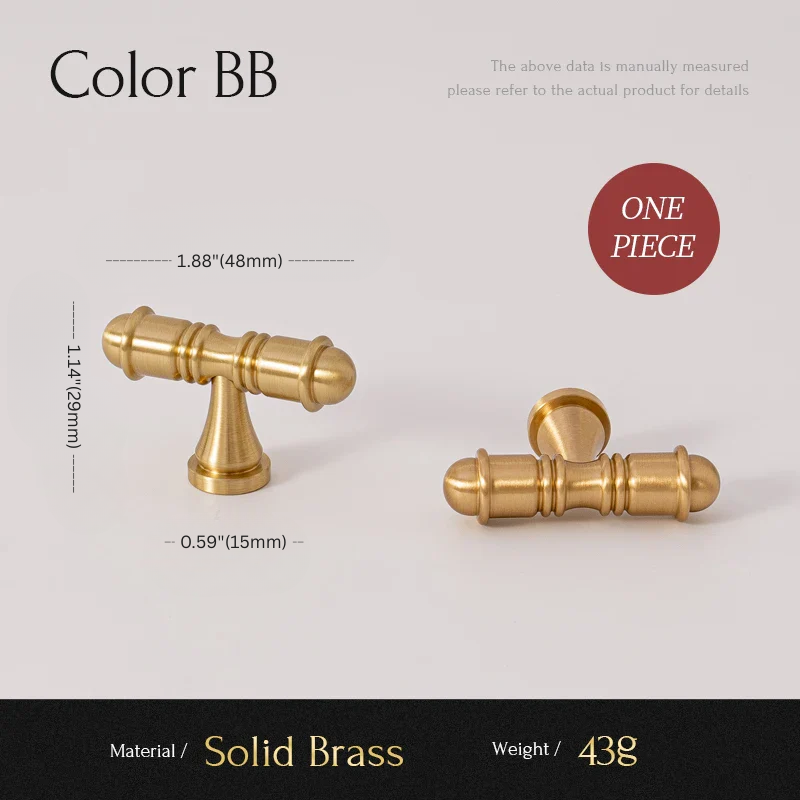 Two brass cabinet handles with measurements and material details on a light gray background.