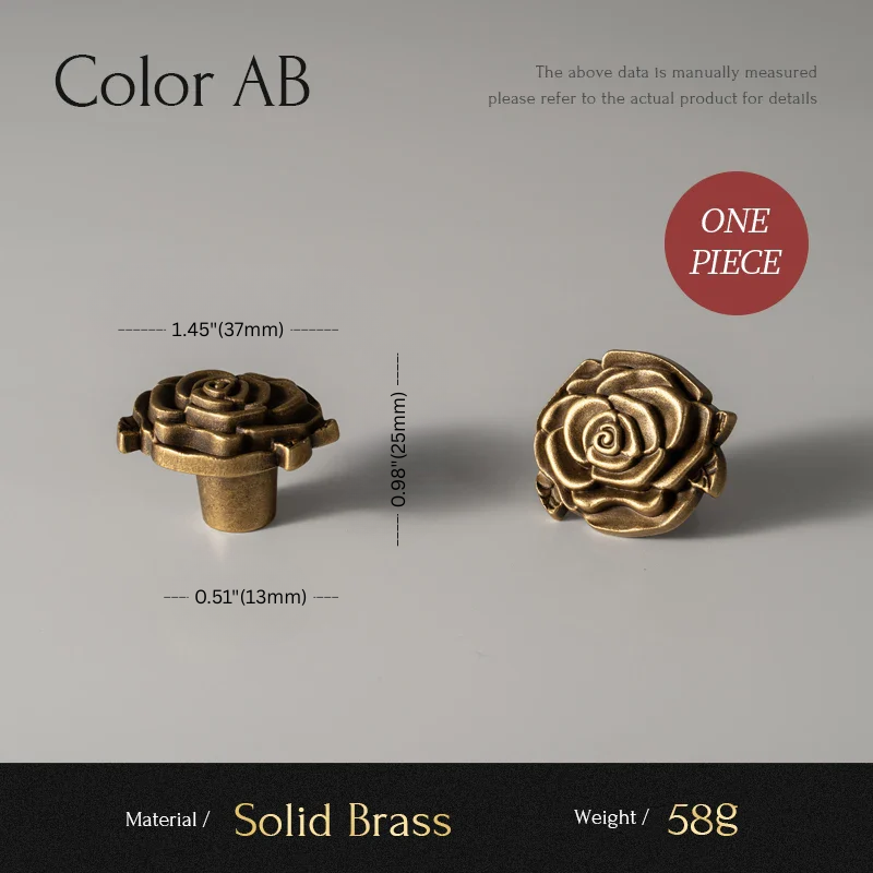 Solid brass rose-shaped knob with measurements on a gray background