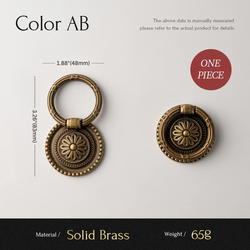 Solid brass decorative ring with measurements and material details on a gray background