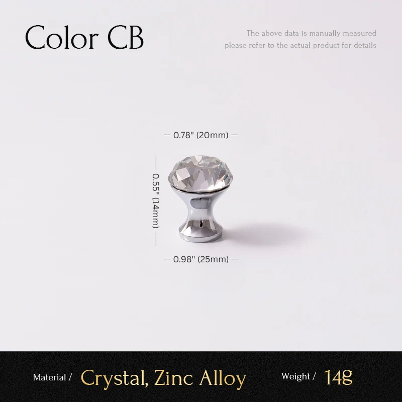Crystal cabinet knob with dimensions and material details on a white background