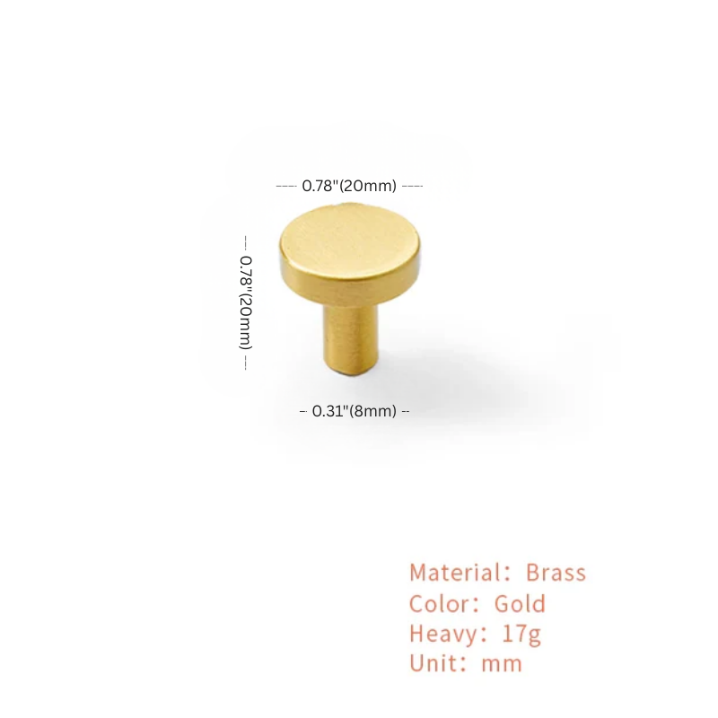 Gold cylindrical object with measurements and material details on a white background