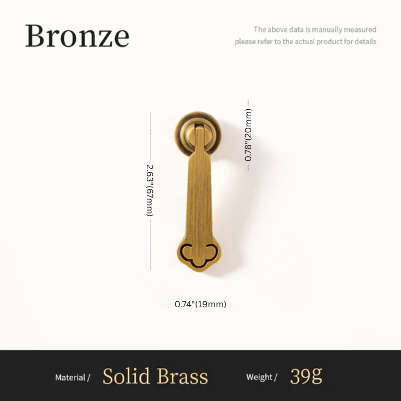 Bronze door handle with dimensions and material details on a white background