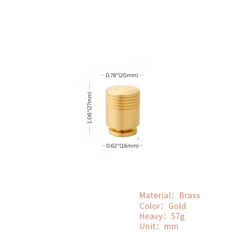 Gold cylindrical object with measurements and material details on a white background