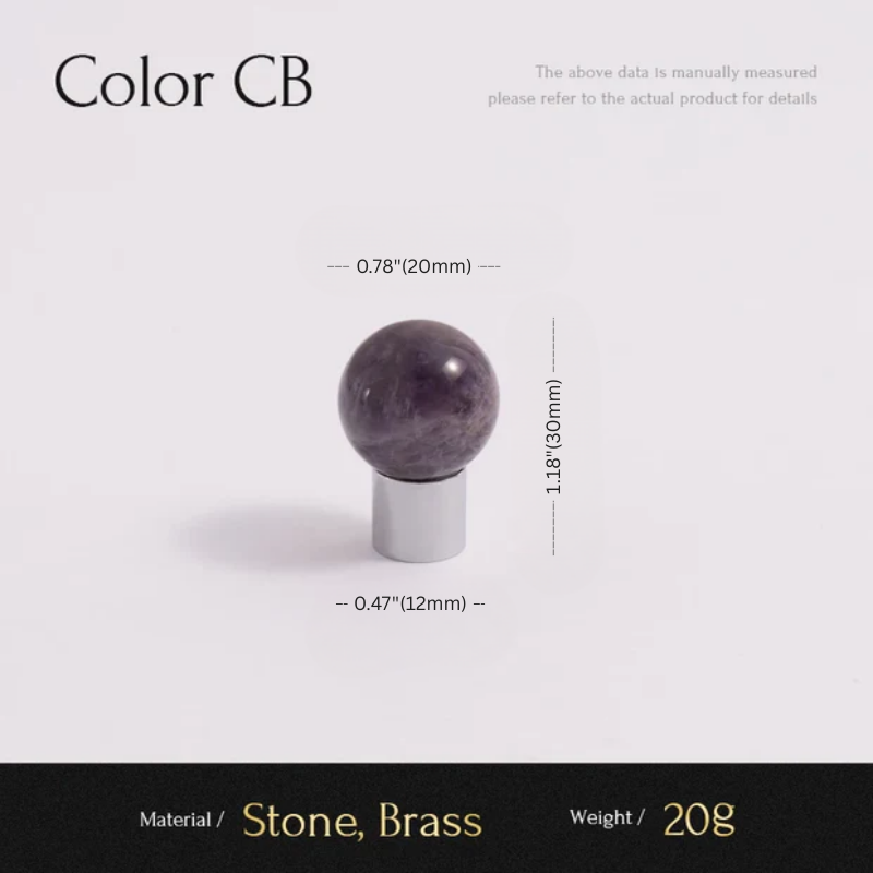 Measurement chart for a decorative item with stone and brass components on a white background.