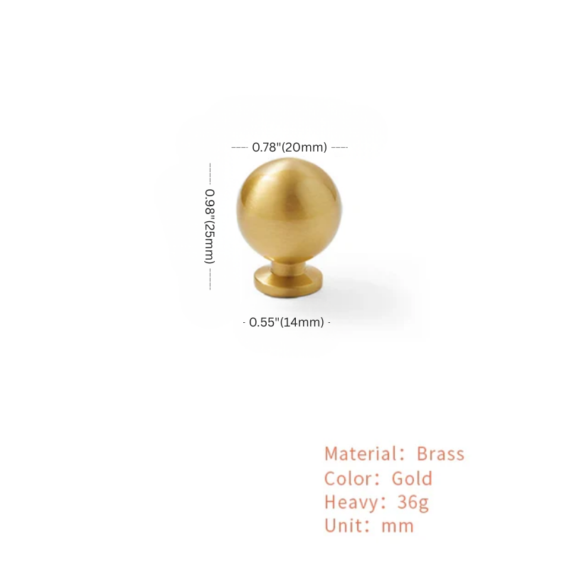 Gold spherical knob with measurements on a white background