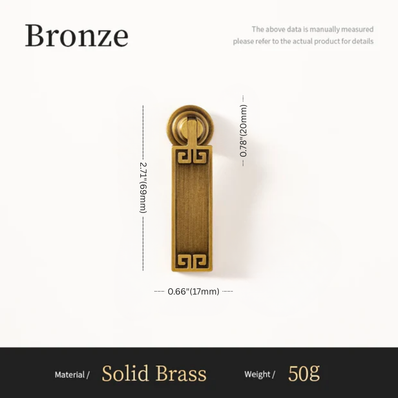 Bronze door handle with dimensions and material details on a white background