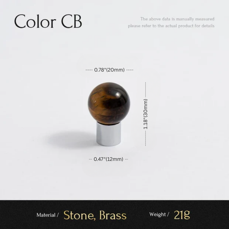 Measurement chart for a decorative object with stone and brass components on a white background.