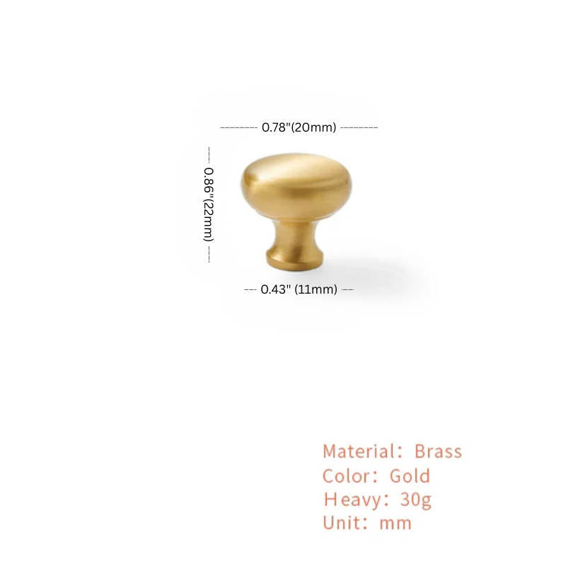 Gold cabinet knob with measurements and material details on a white background