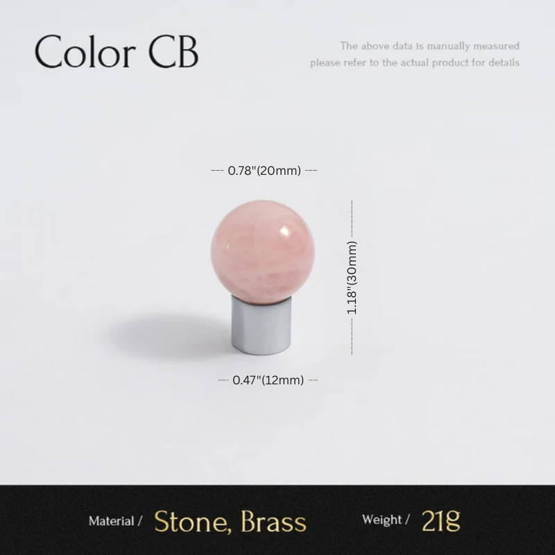Pink spherical object on a metallic base with measurements and product details on a light gray background.