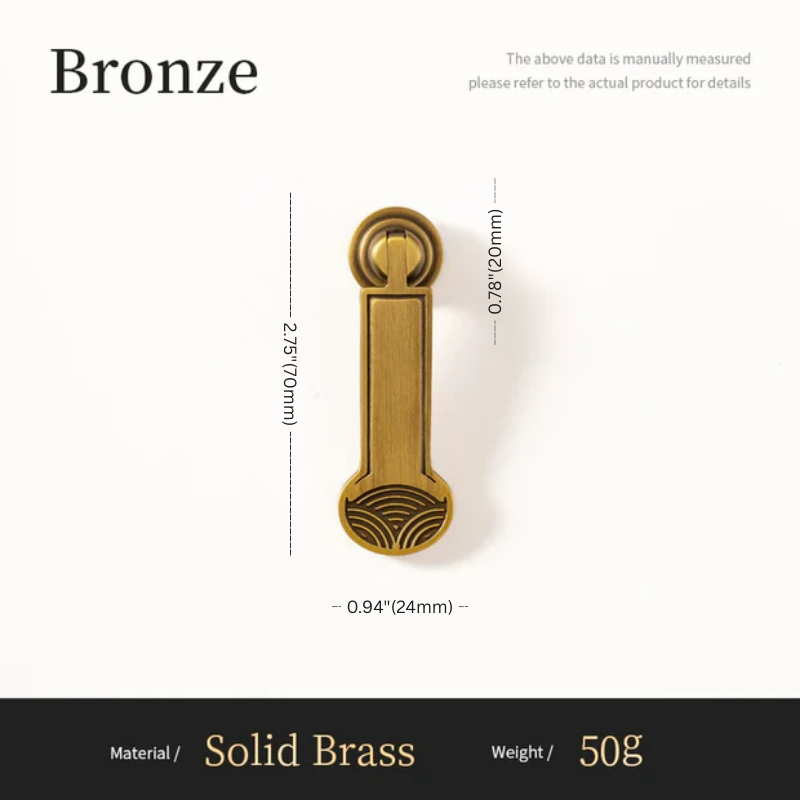 Bronze door handle with dimensions and material details on a white background