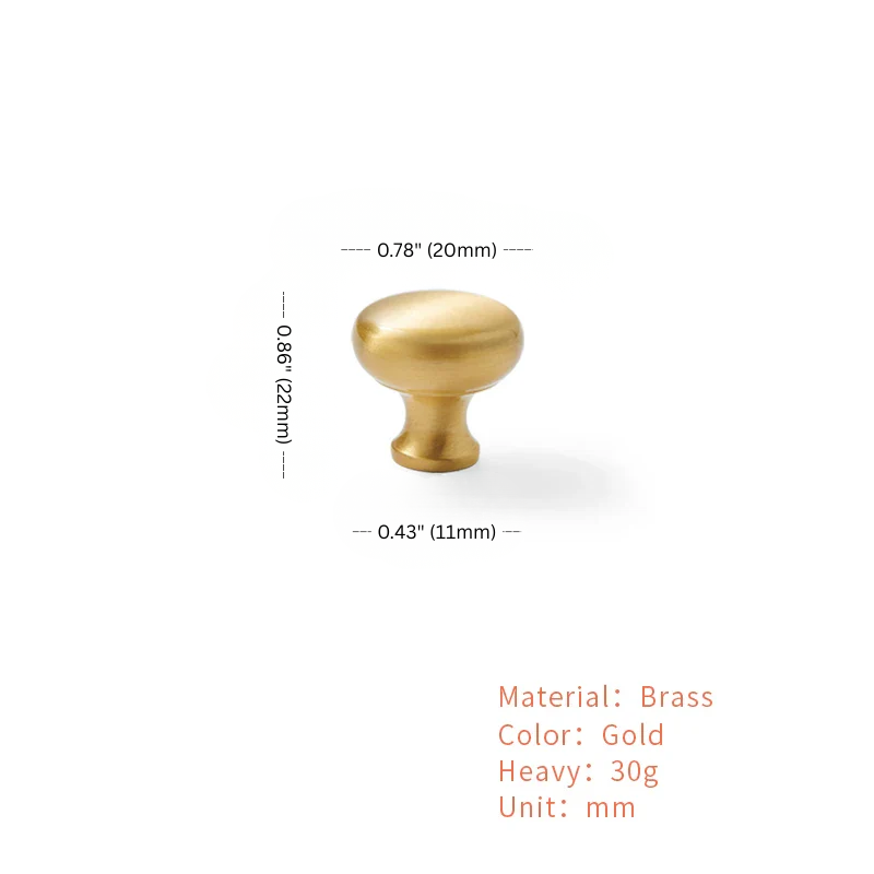Gold cabinet knob with measurements and material details on a white background