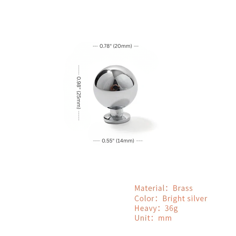 Brass knob with dimensions and material details on a white background
