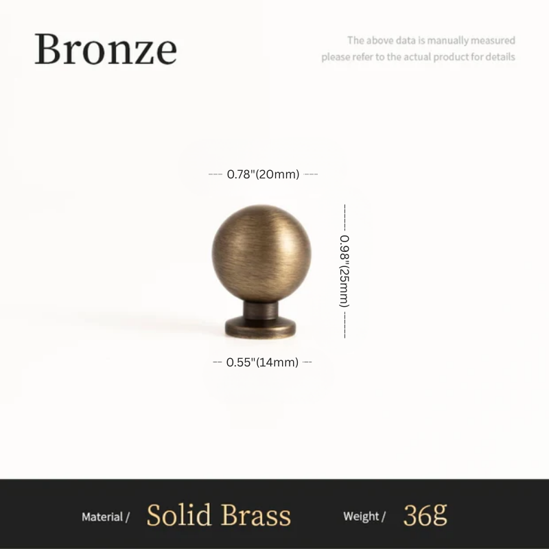Bronze knob with measurements and material details on a white background