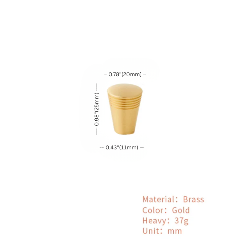 Gold cylindrical object with measurements and material details on a white background