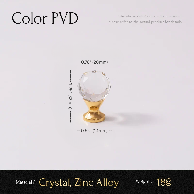Crystal knob with gold base and measurements on a white background