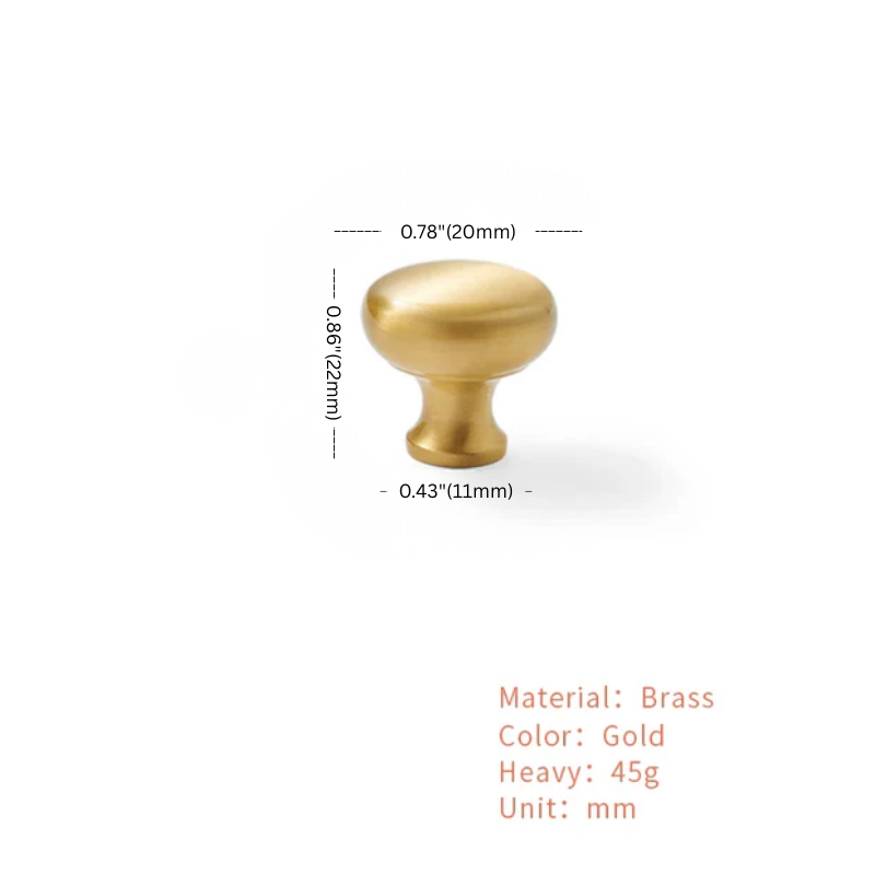 Gold cabinet knob with dimensions and material details on a white background
