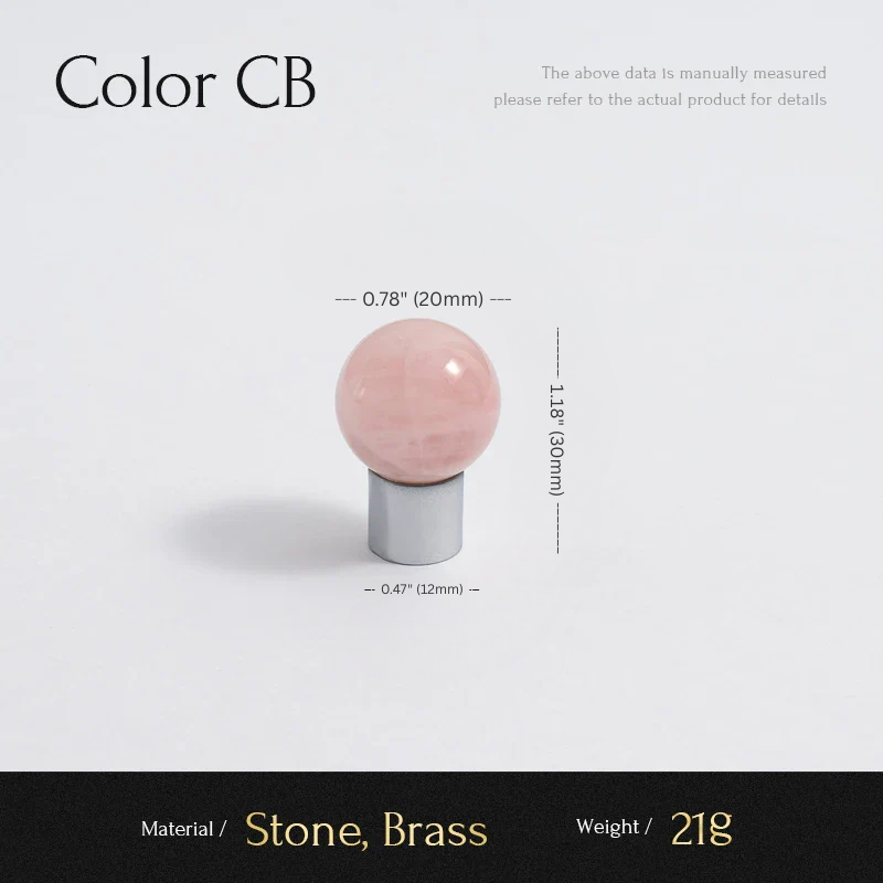 Pink stone knob on a gray background with measurements and product details.