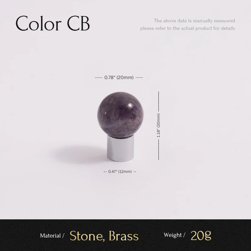 Measurement chart for a decorative object with stone and brass components on a white background.