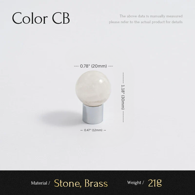 Measurement details of a decorative item with stone and brass components on a light gray background.