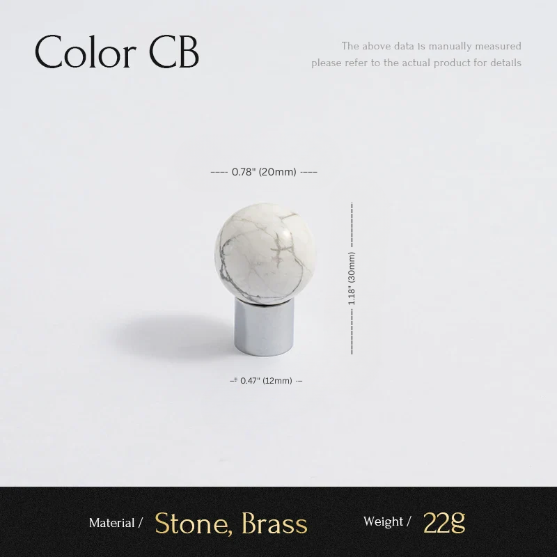 Measurement details of a stone and brass object on a light gray background