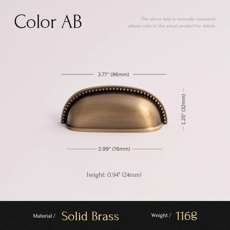 Measurement chart for a solid brass cabinet handle with dimensions and material details.