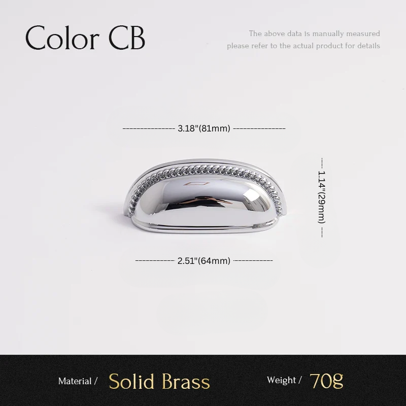 Silver handle with dimensions and material information on a white background