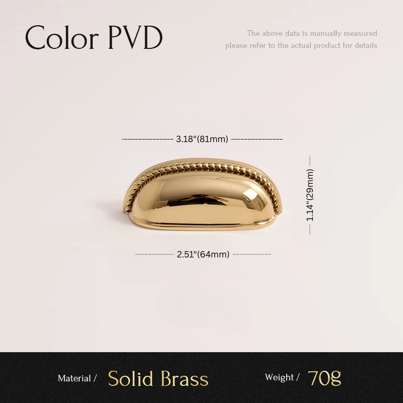 Gold cabinet handle with dimensions and material details on a light gray background