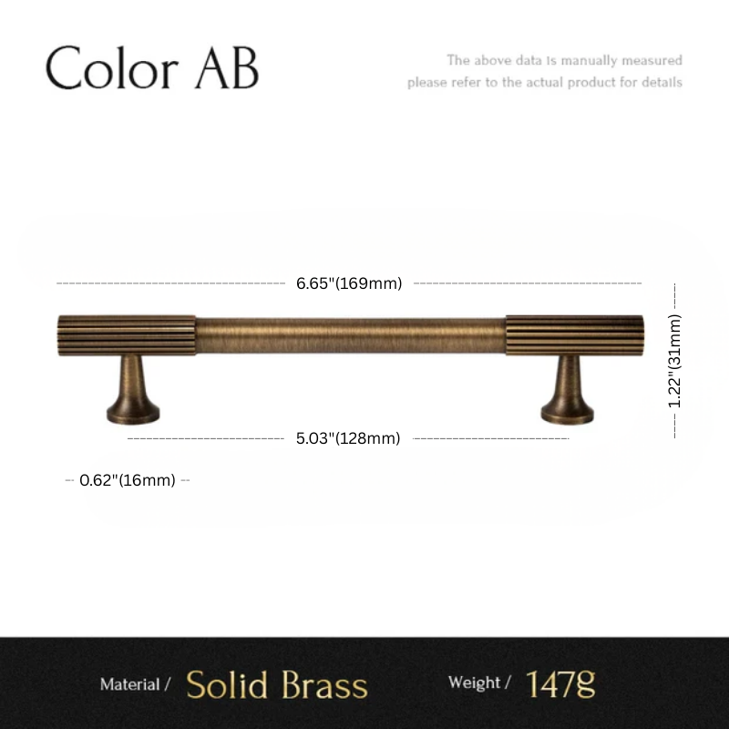 Measurement chart of a solid brass cabinet handle with dimensions and material details.
