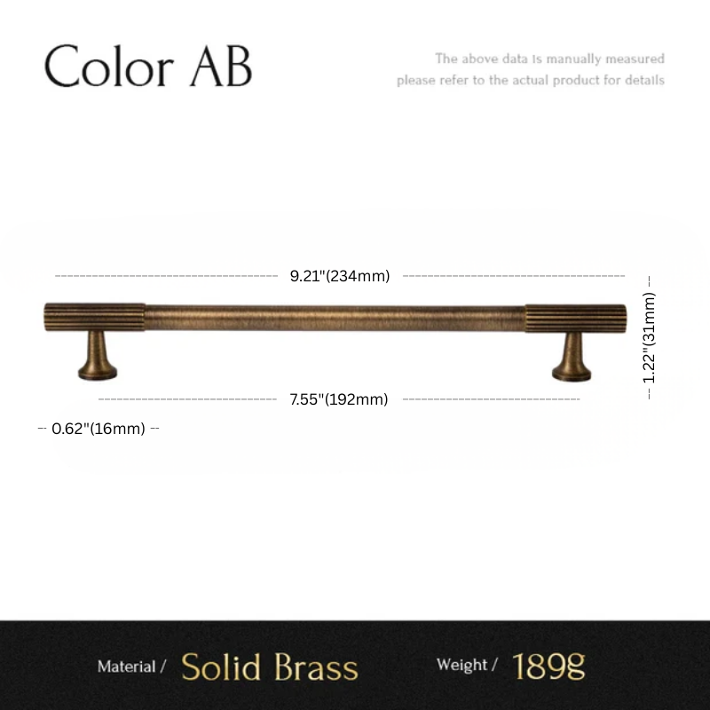 Measurement chart for a solid brass cabinet handle with dimensions and material details.