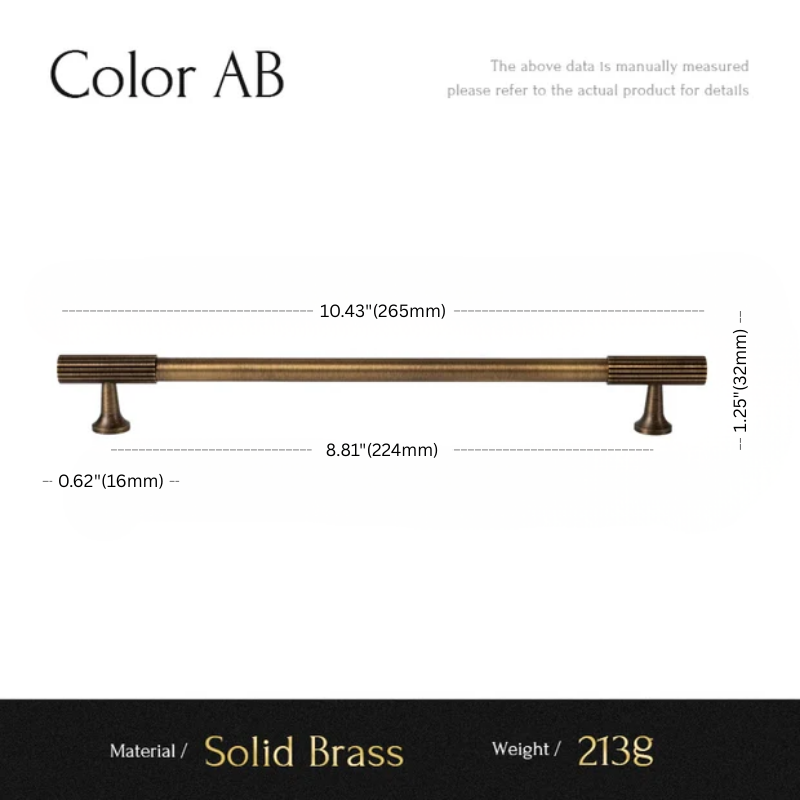 Measurement chart for a solid brass cabinet handle with dimensions and material details.