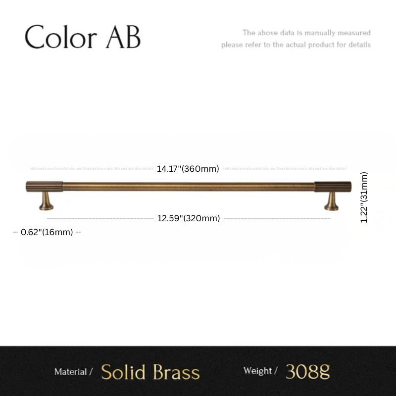 Measurement chart for a solid brass handle with dimensions and material details.
