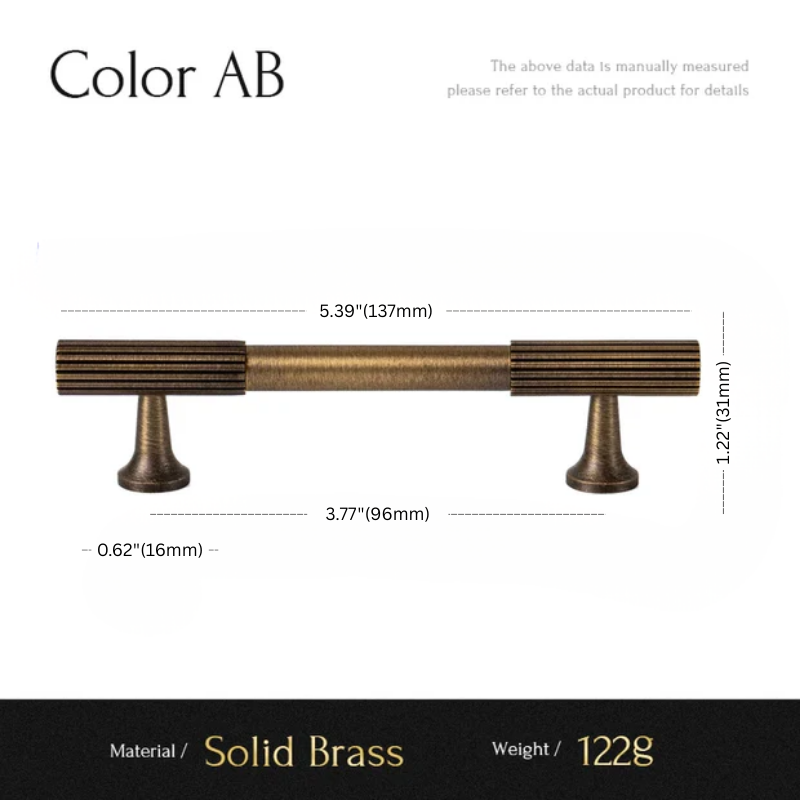 Measurement chart of a solid brass cabinet handle labeled 'Color AB'.