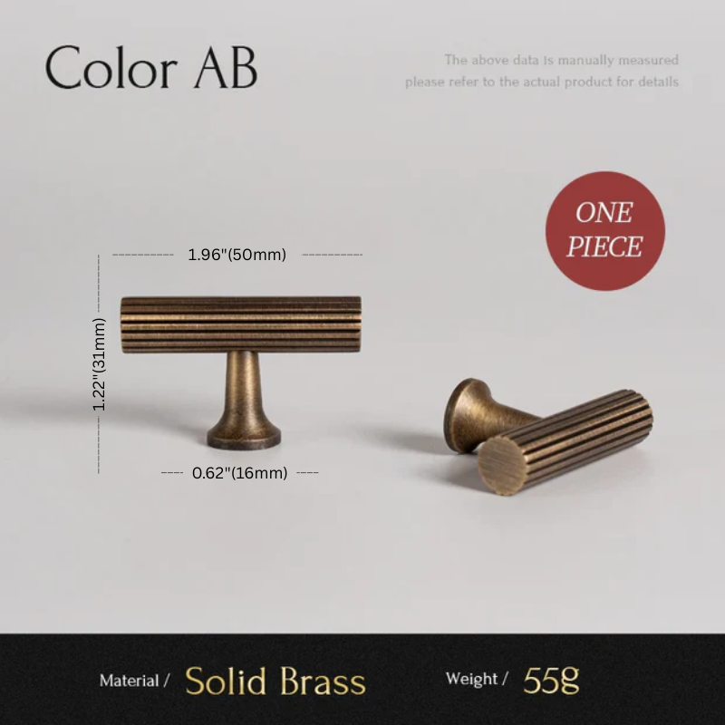 Solid brass cabinet knobs with measurements and material details on a gray background