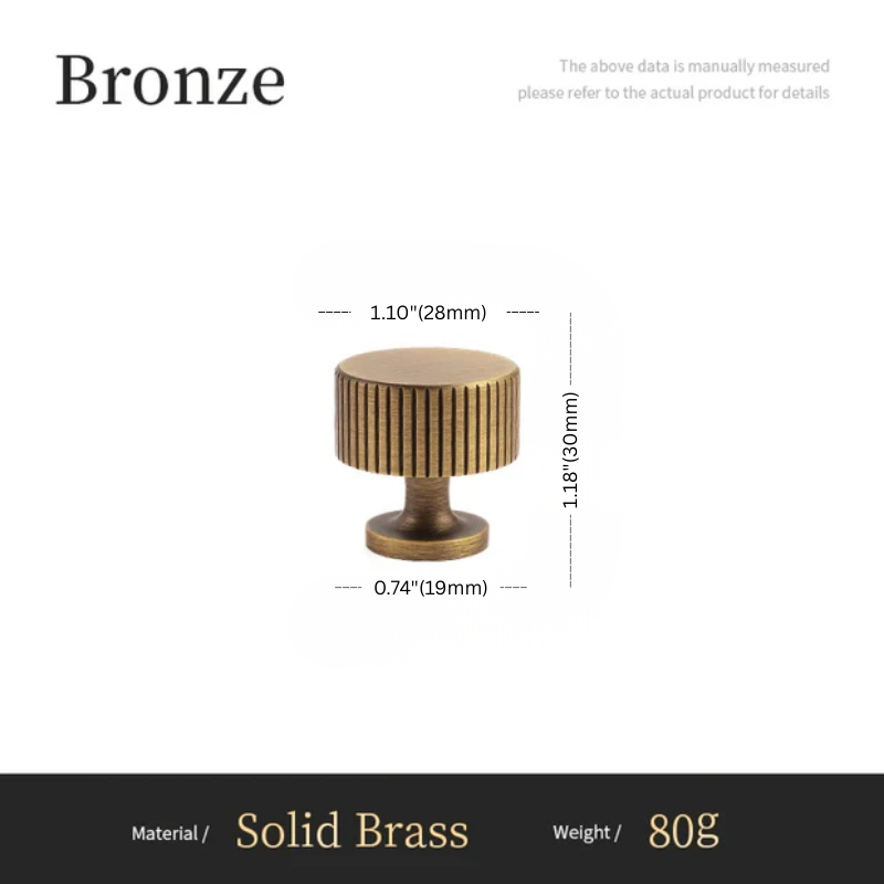 Bronze knob with dimensions and material details on a white background