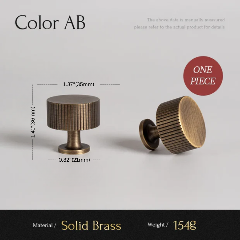 Solid brass knob with dimensions and material details on a gray background