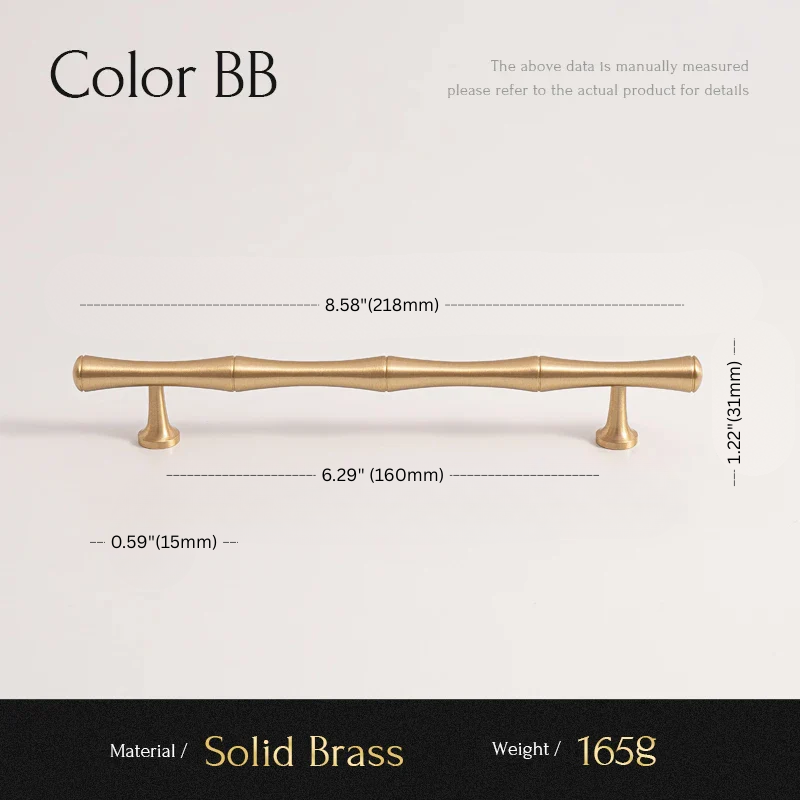 Gold cabinet handle with dimensions and material details on a white background