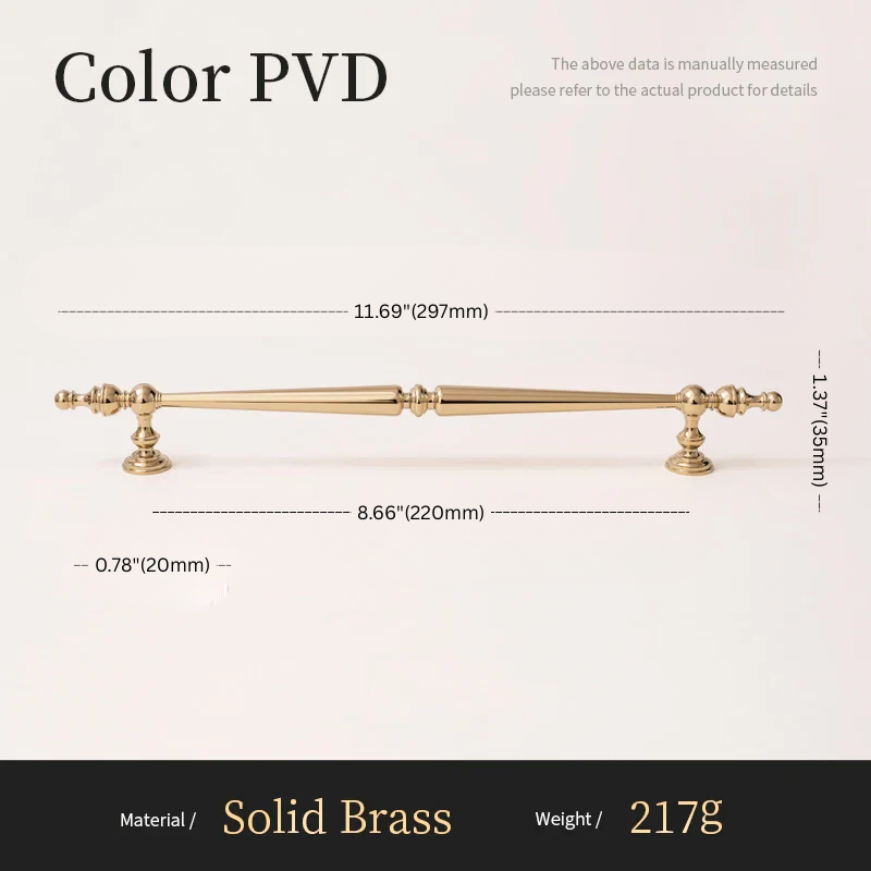 Gold cabinet handle with dimensions and material details on a white background