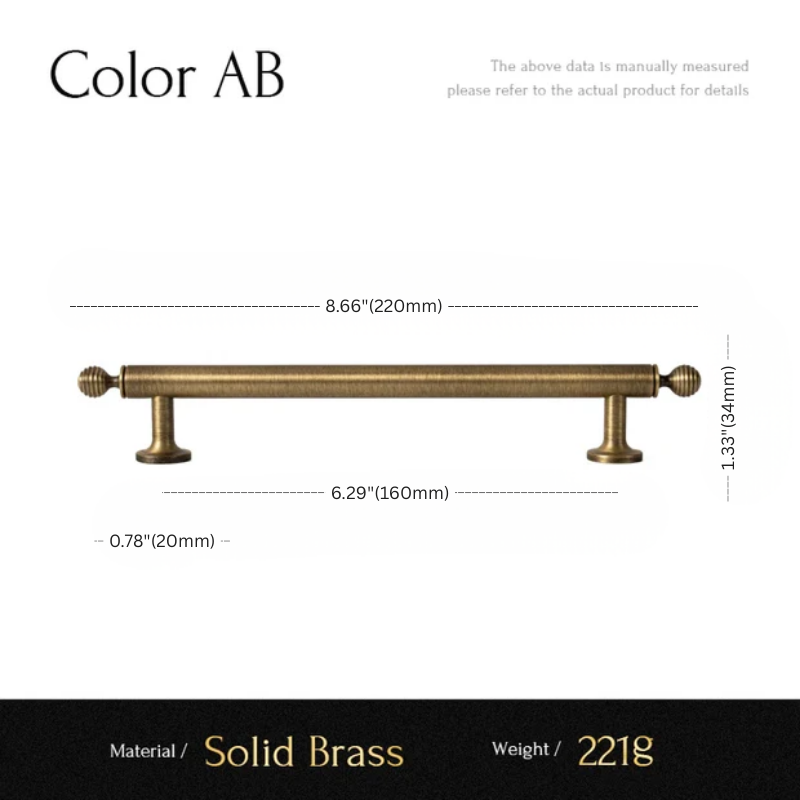 Measurement chart of a solid brass cabinet handle with dimensions and material details.