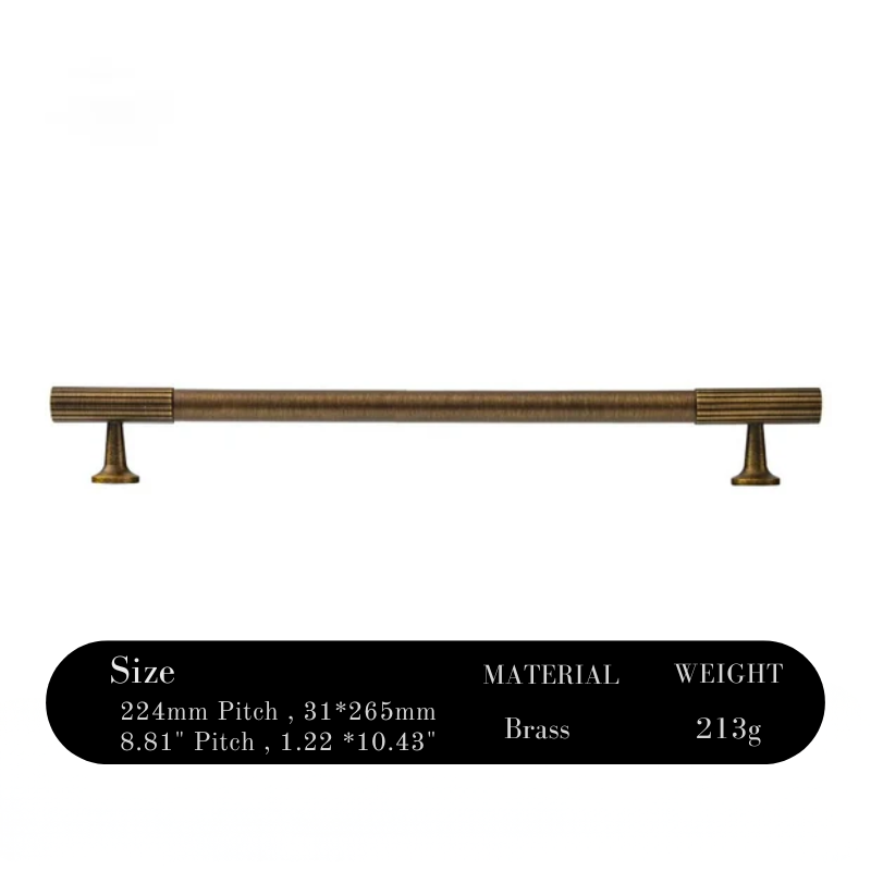 Brass cabinet handle with specifications on a white background